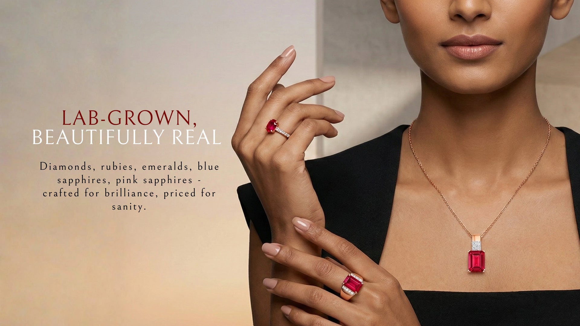 Woman wearing a red gemstone ring and necklace with text about lab-grown gemstones.