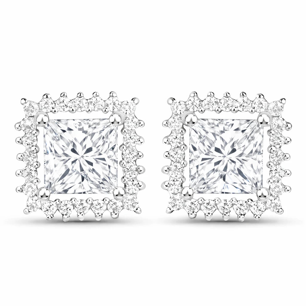 Square Cut Diamond Halo Stud Earrings