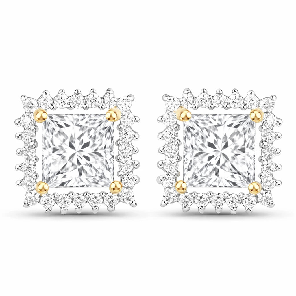 Square Cut Diamond Halo Stud Earrings