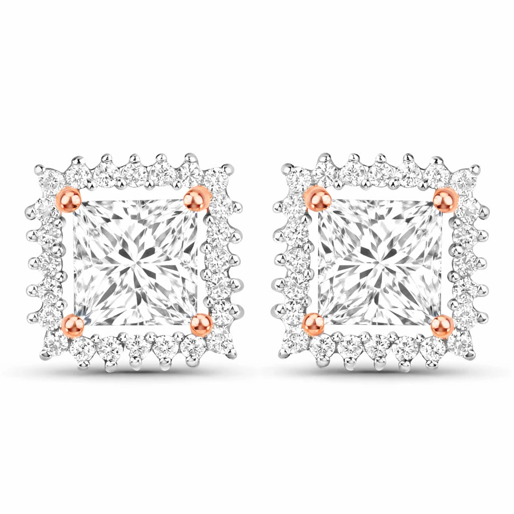 Square Cut Diamond Halo Stud Earrings