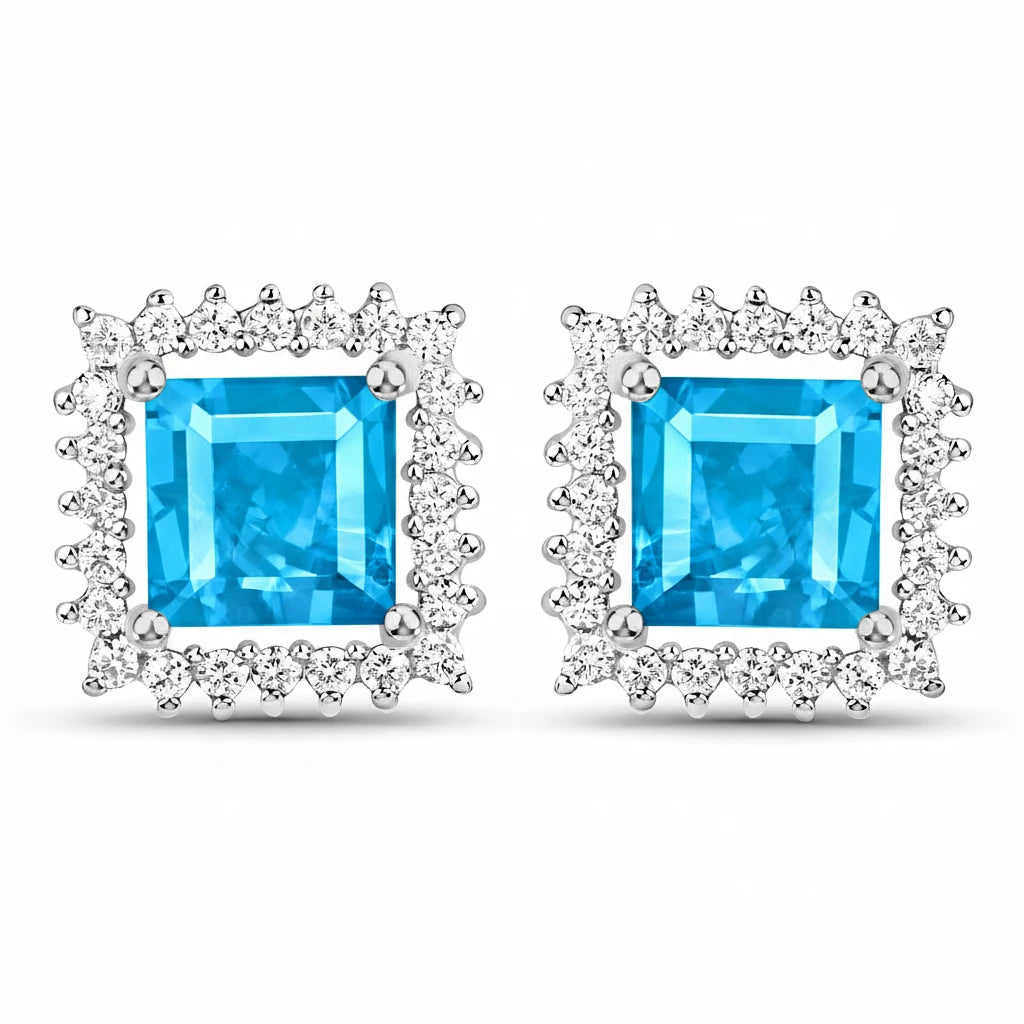 Square Cut Diamond Halo Stud Earrings