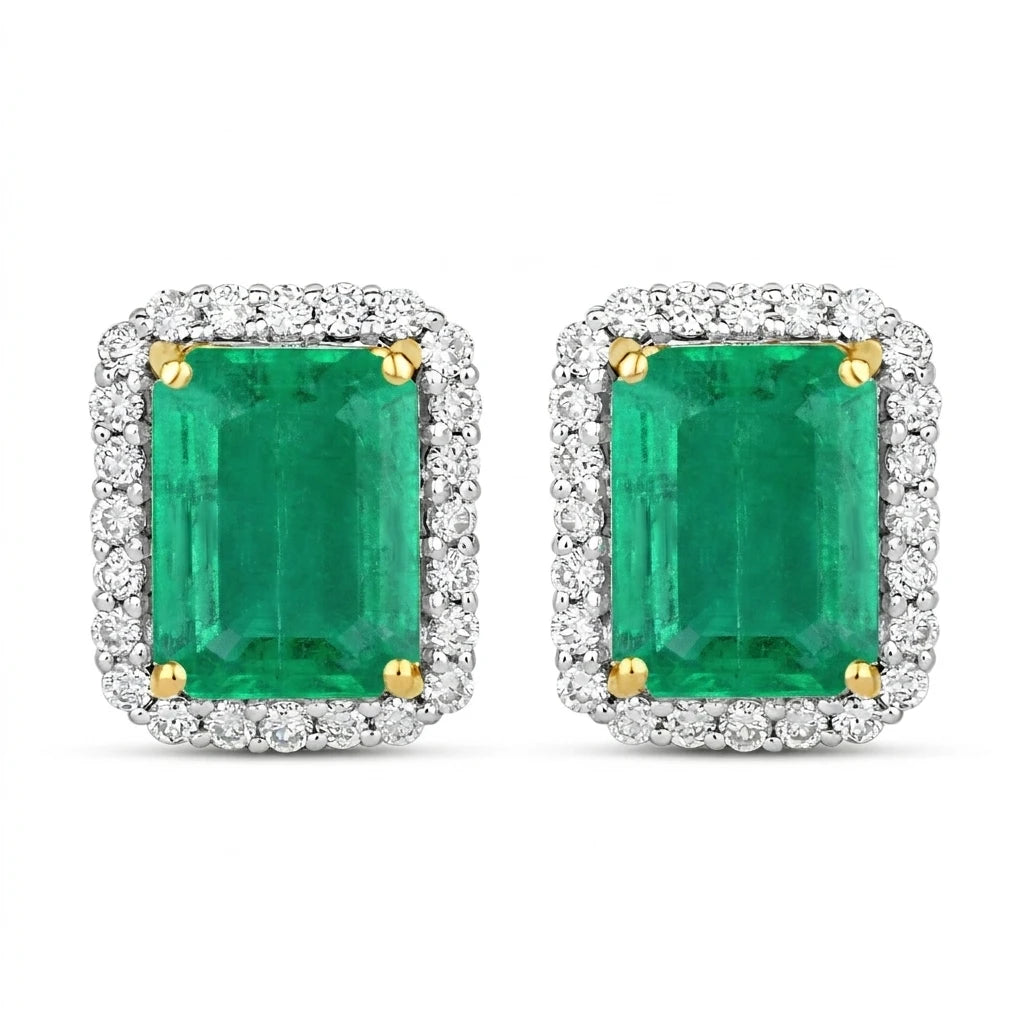 Emerald Cut Diamond Halo Stud Earrings