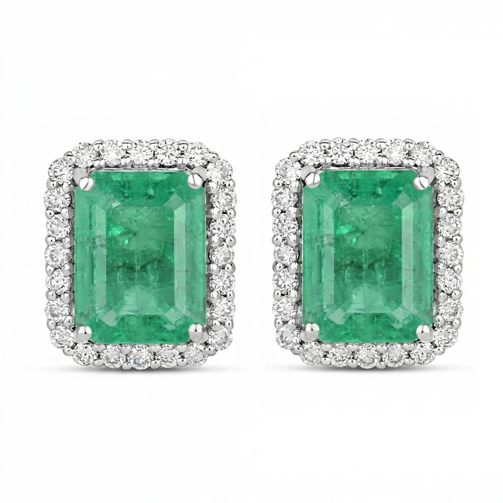 Emerald Cut Diamond Halo Stud Earrings