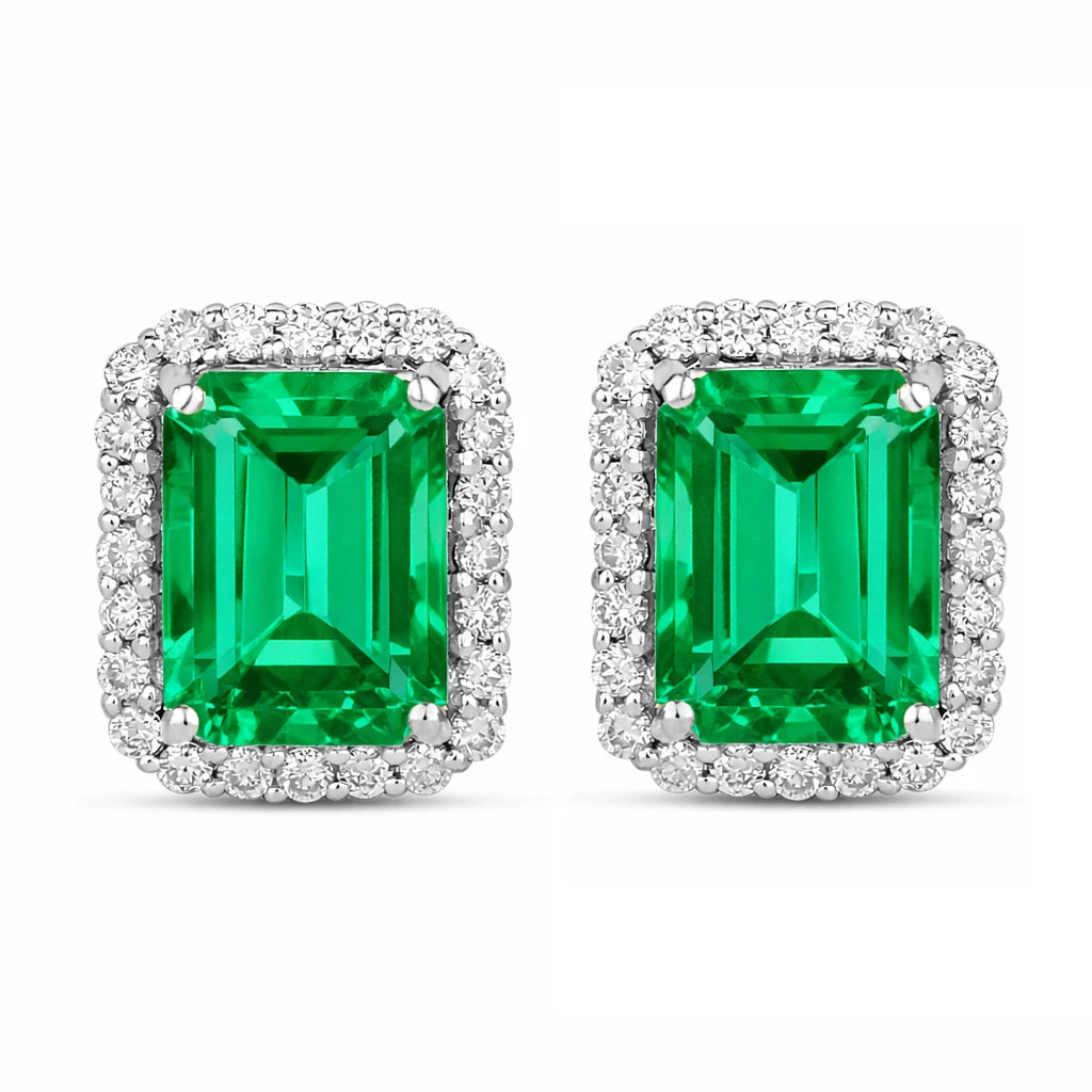 Emerald Cut Diamond Halo Stud Earrings