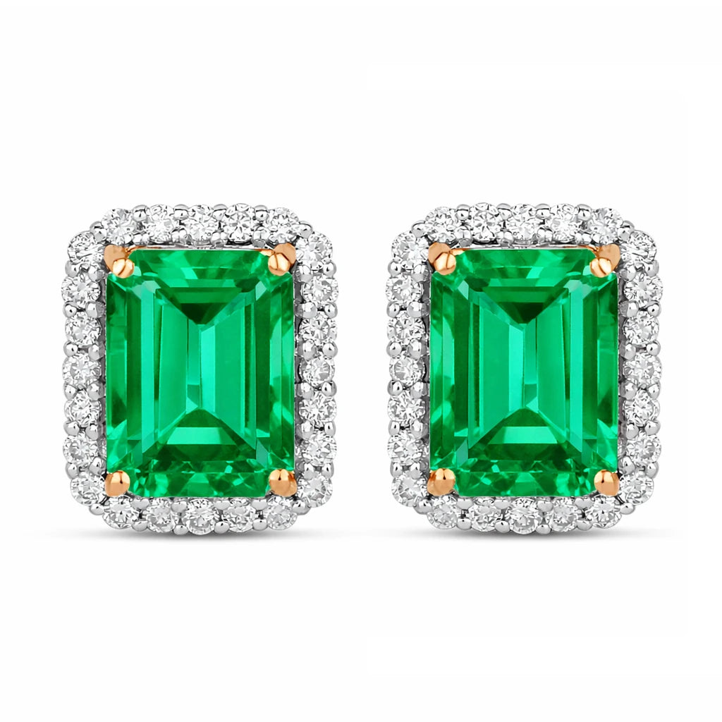 Emerald Cut Diamond Halo Stud Earrings