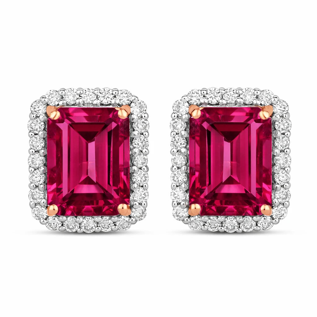 Emerald Cut Diamond Halo Stud Earrings