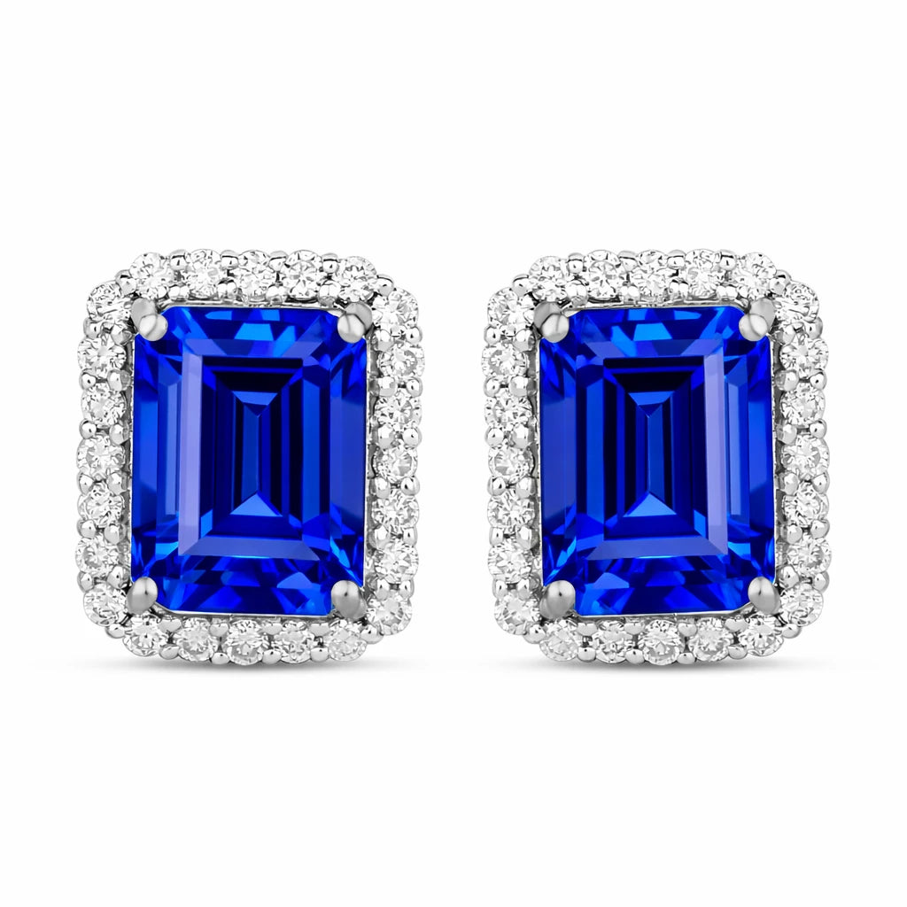 Emerald Cut Diamond Halo Stud Earrings