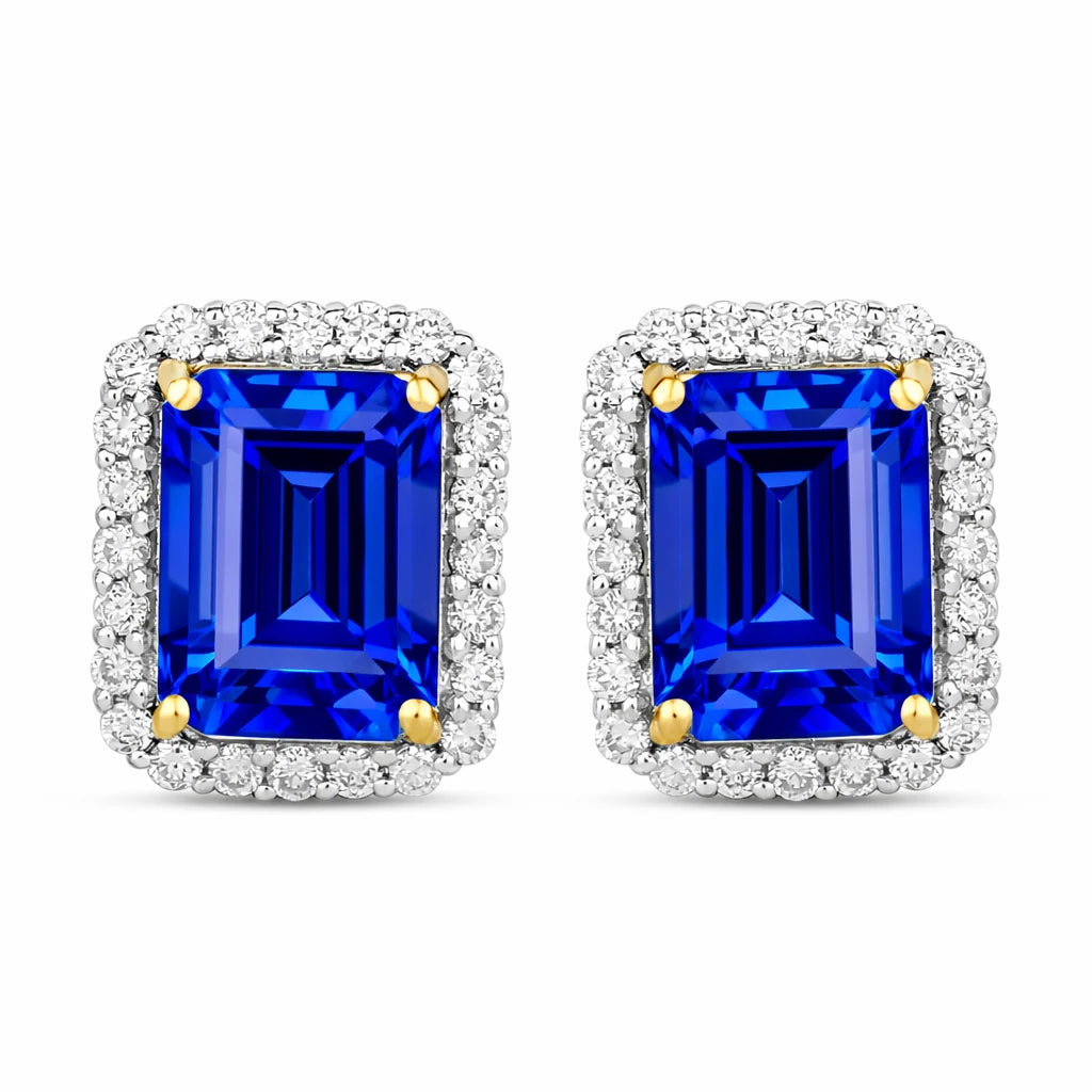 Emerald Cut Diamond Halo Stud Earrings