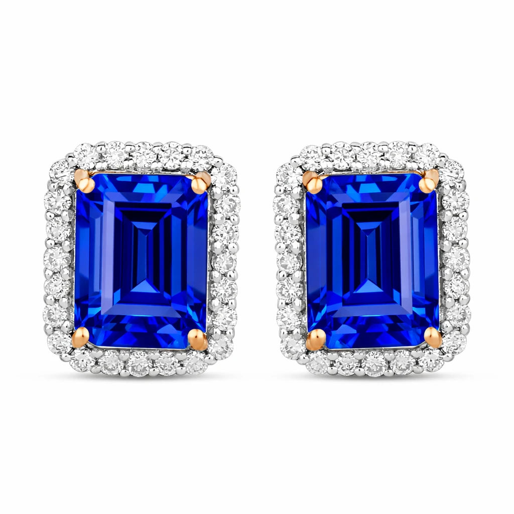 Emerald Cut Diamond Halo Stud Earrings