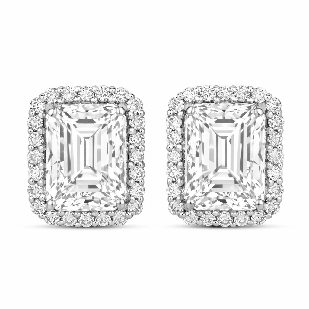 Emerald Cut Diamond Halo Stud Earrings