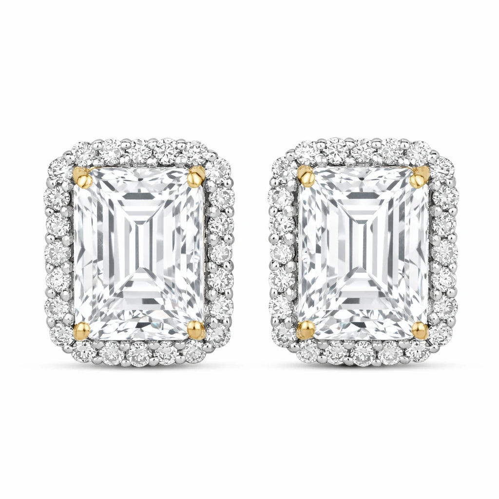 Emerald Cut Diamond Halo Stud Earrings