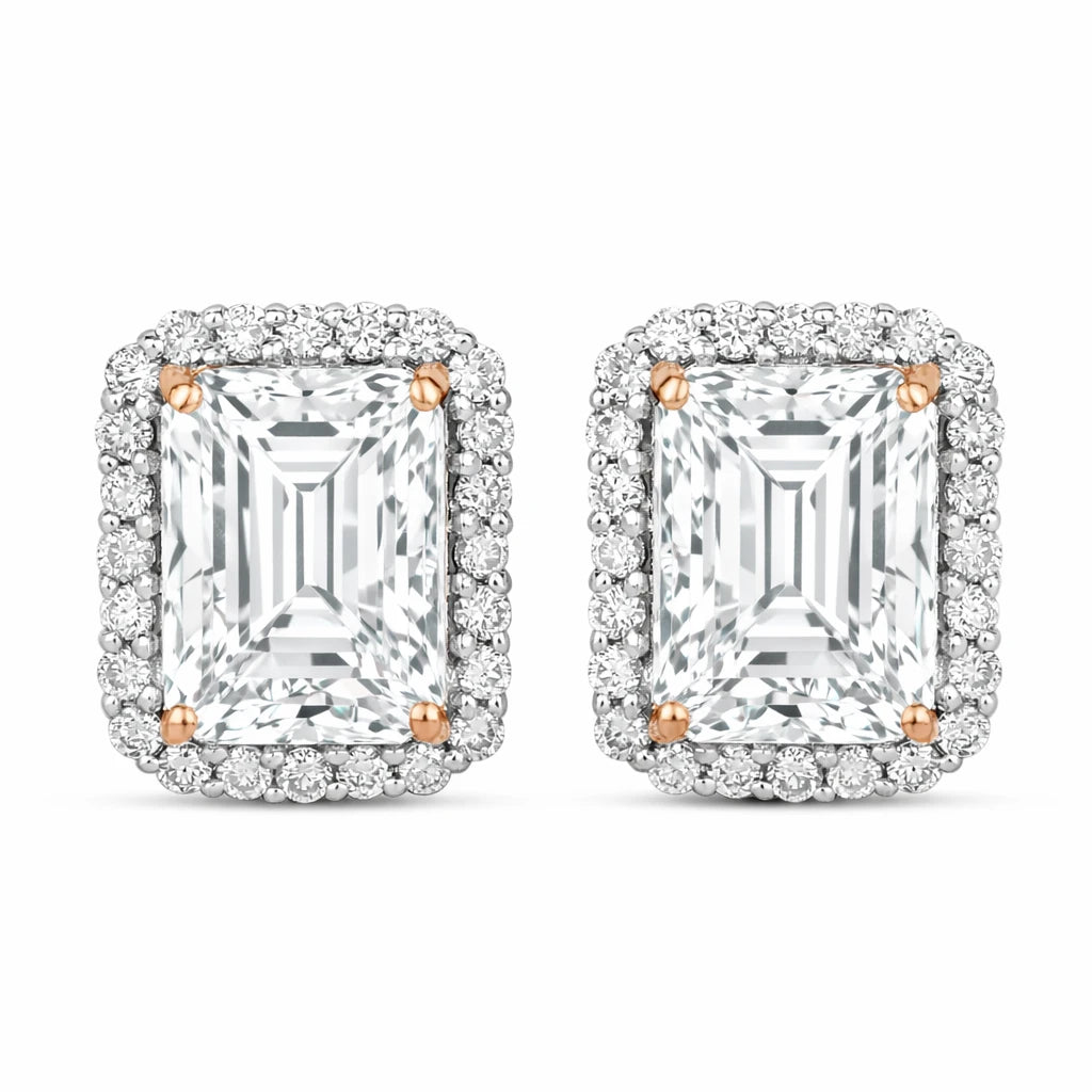 Emerald Cut Diamond Halo Stud Earrings