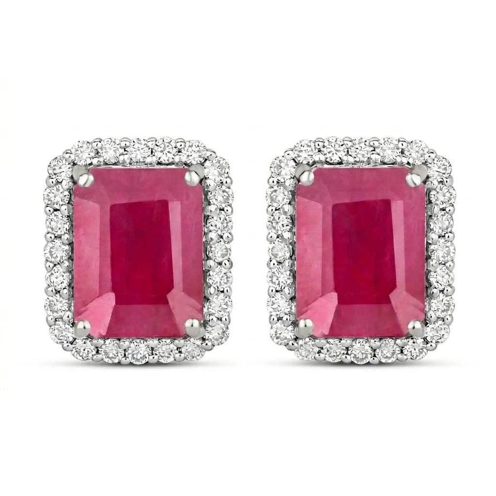 Emerald Cut Diamond Halo Stud Earrings