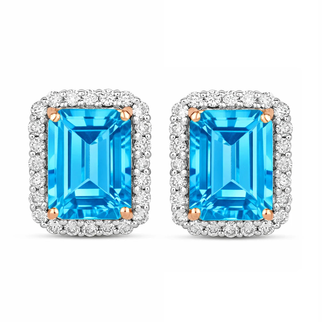 Emerald Cut Diamond Halo Stud Earrings