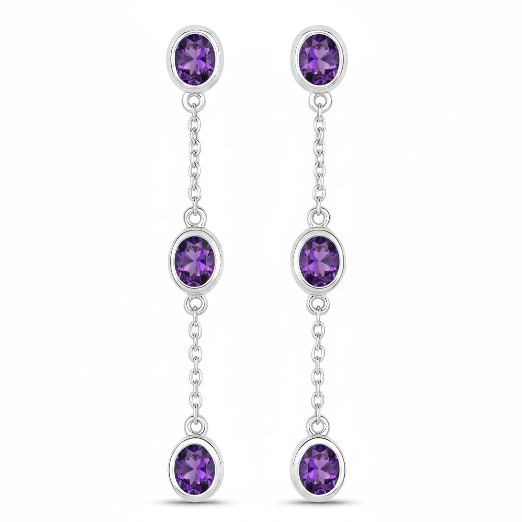Oval Cut Bezel Set Station Drop Earrings