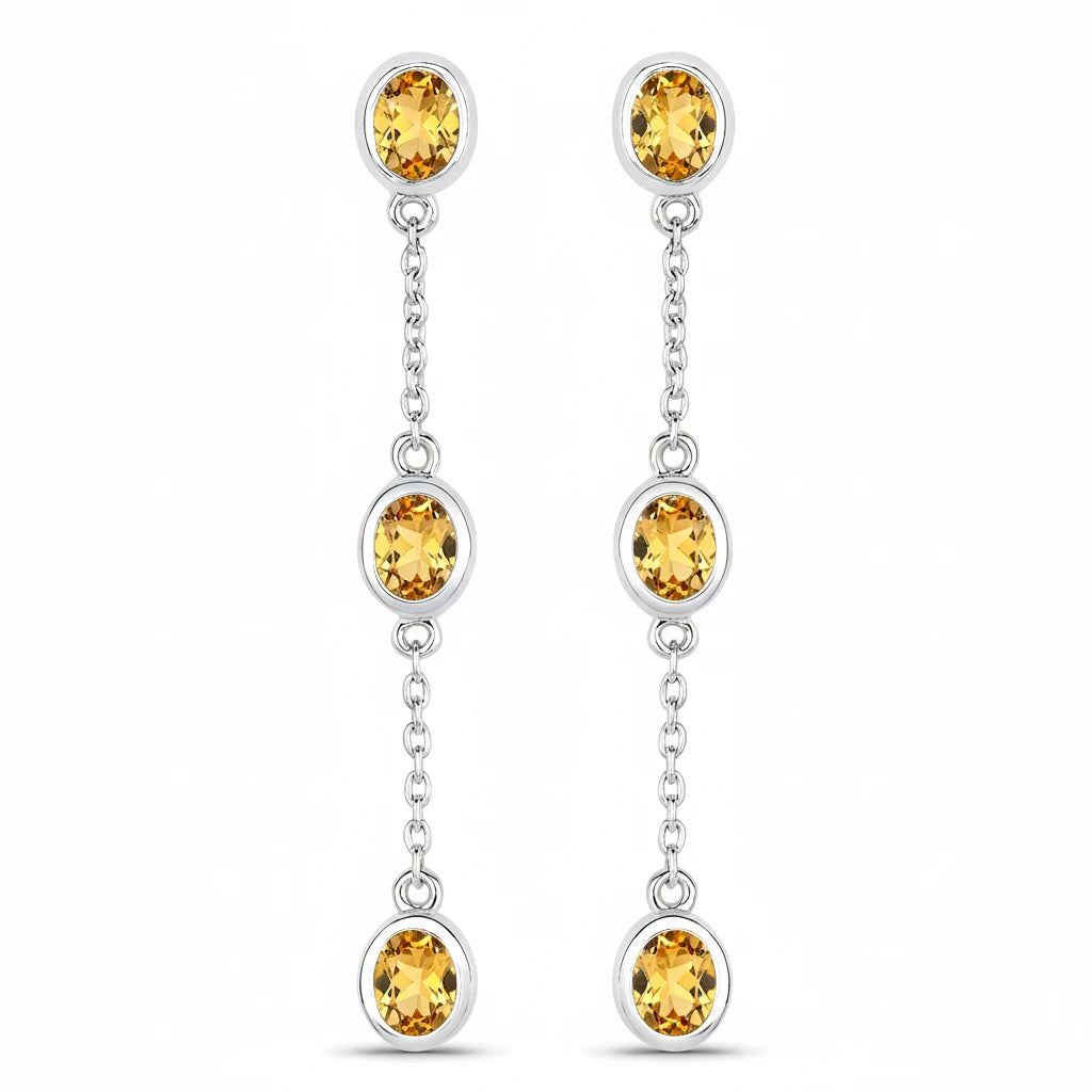 Oval Cut Bezel Set Station Drop Earrings