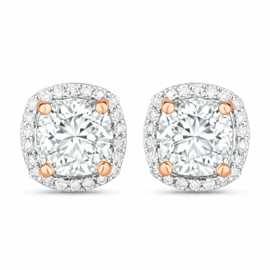 Square Cushion Diamond Halo Stud Earrings