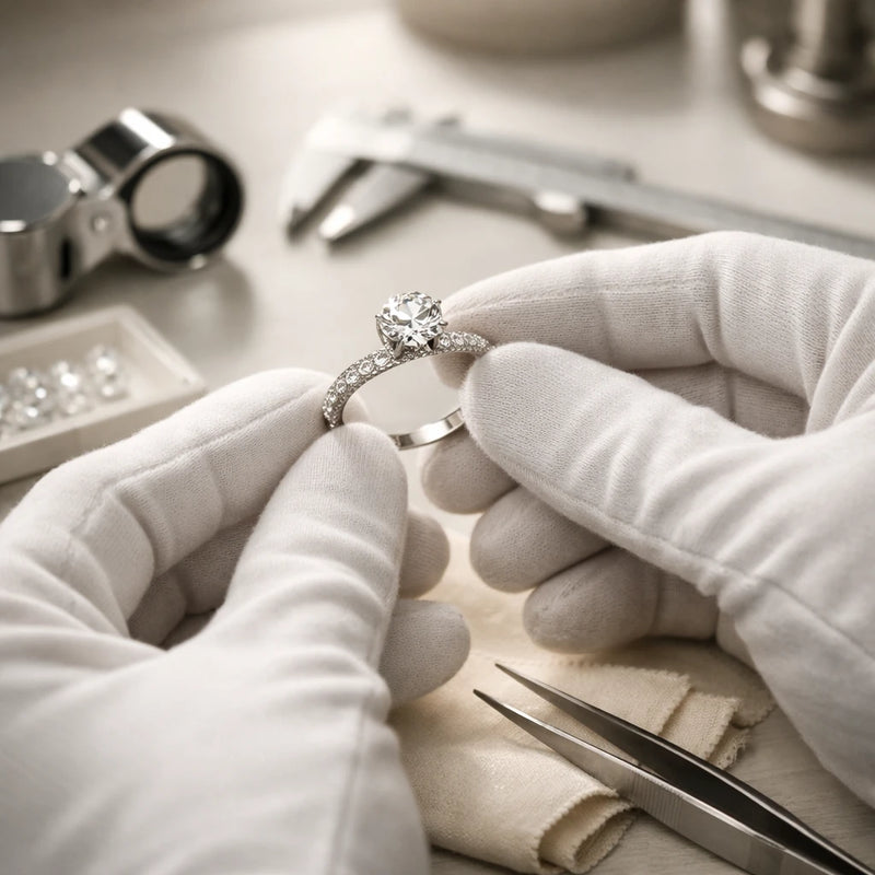 Jeweler examining a diamond ring with tools and materials on a workbench.