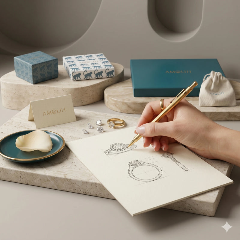 Hand holding a pen over a piece of paper with jewelry designs, surrounded by Amouh branding.