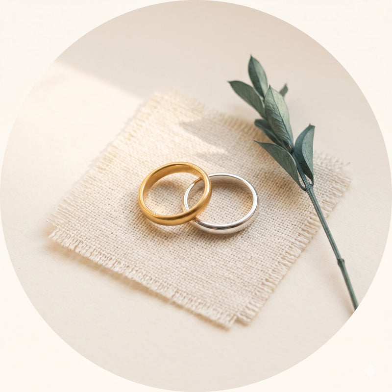 Two gold and silver rings on a textured surface with a green leafy branch.