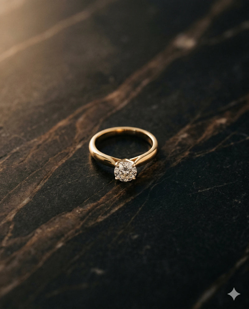 Gold ring with a diamond on a dark wooden surface