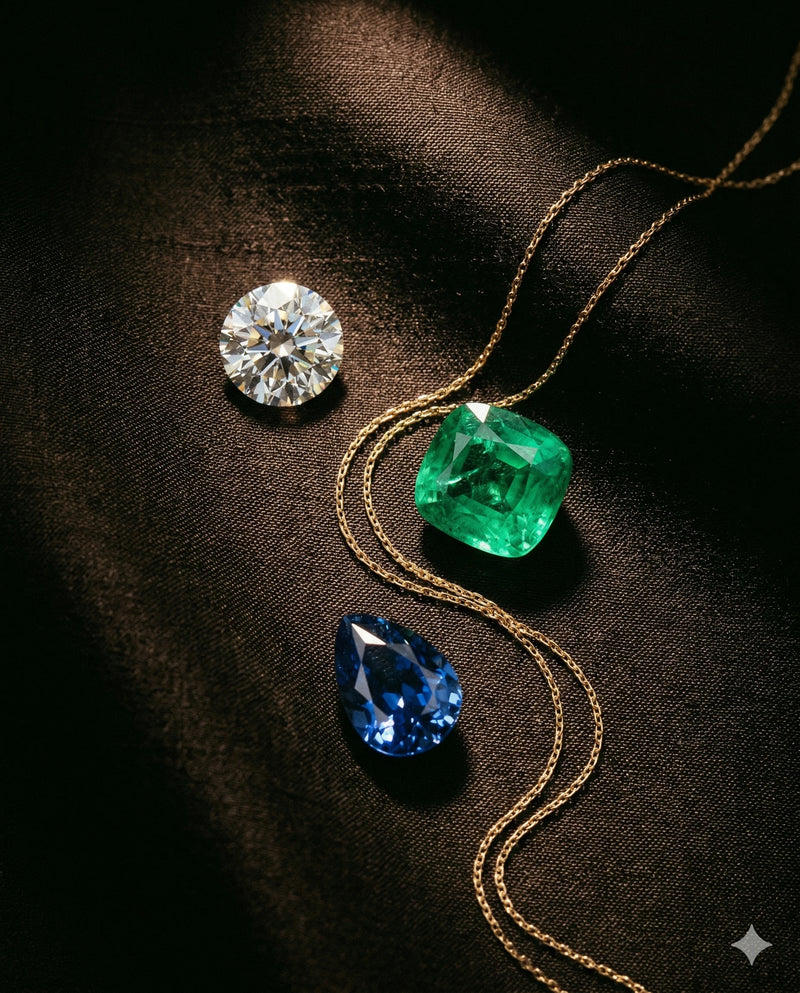Diamond, emerald, and blue gemstone on a gold chain against a dark background