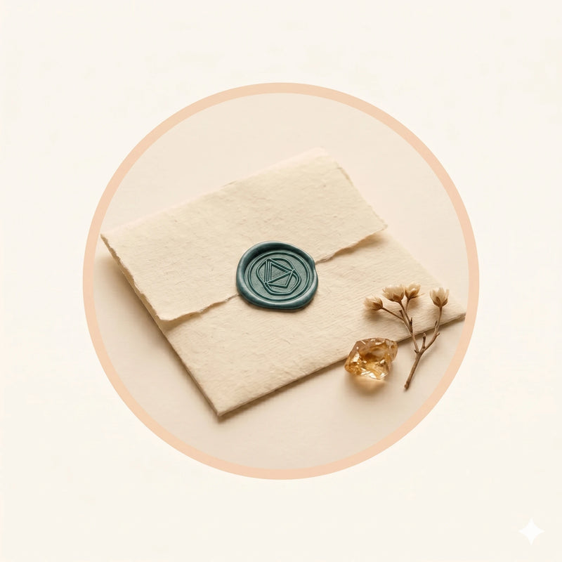 Beige envelope with a wax seal and small flowers on a beige background