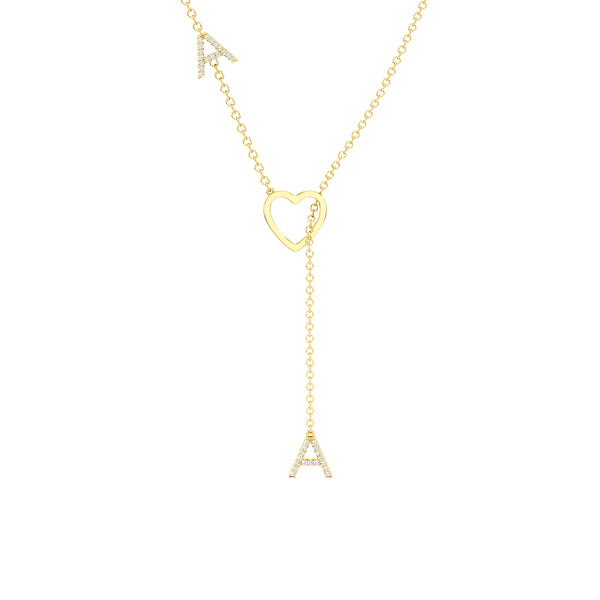 Diamond Pavé Double Initial Drop Necklace with Heart Detail