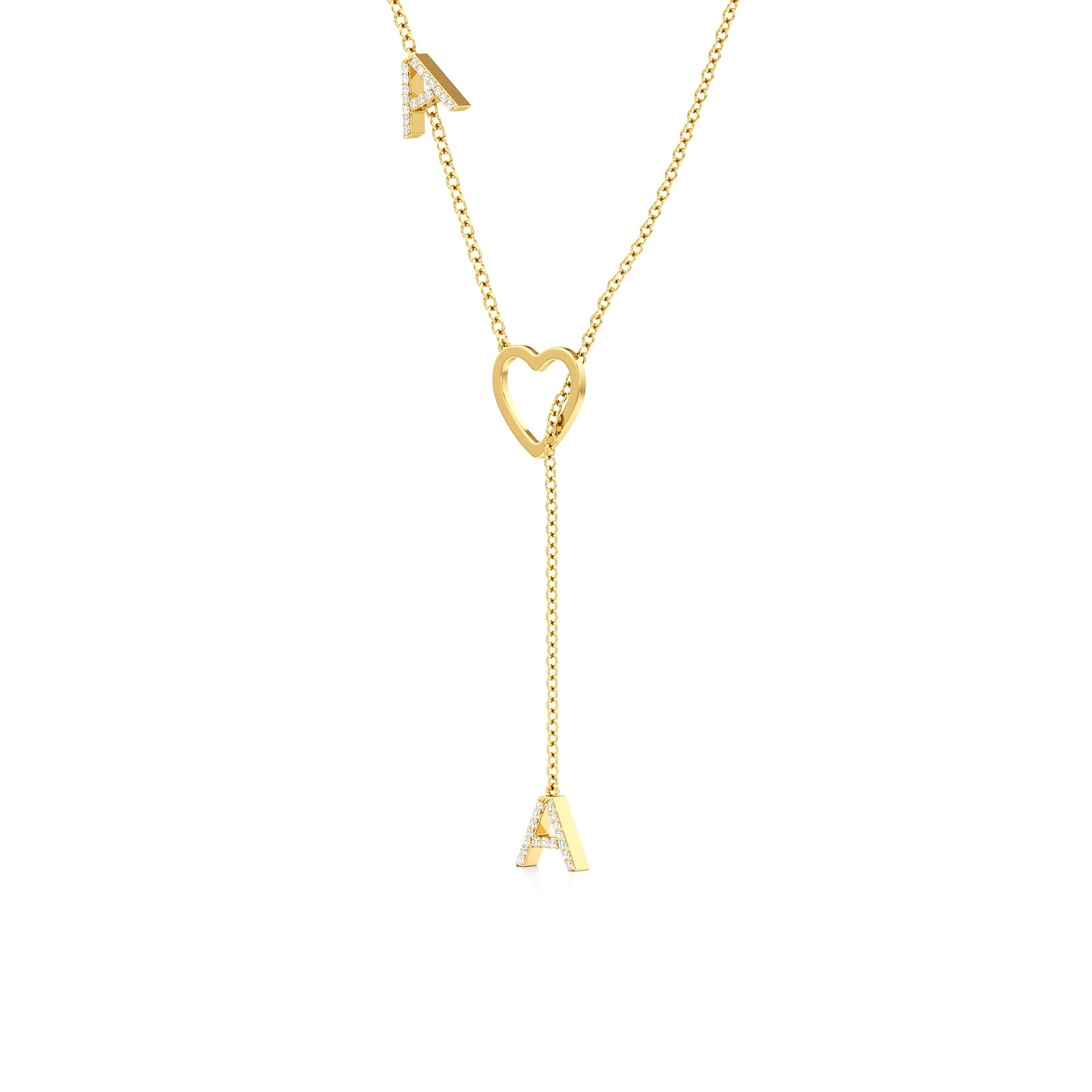 Diamond Pavé Double Initial Drop Necklace with Heart Detail