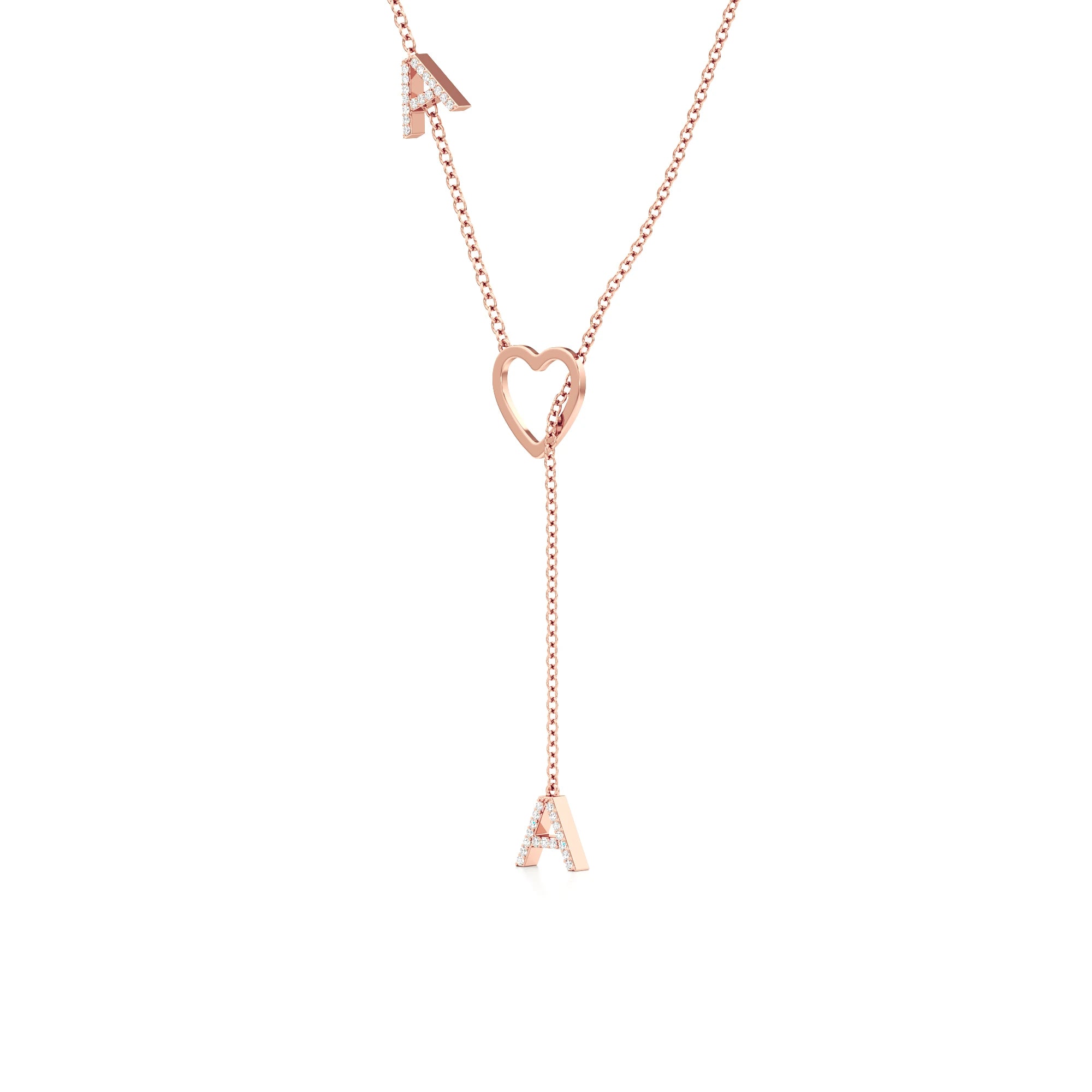 Diamond Pavé Double Initial Drop Necklace with Heart Detail