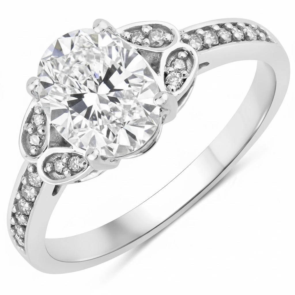Vintage style floral Oval Cut Diamond Accent Ring