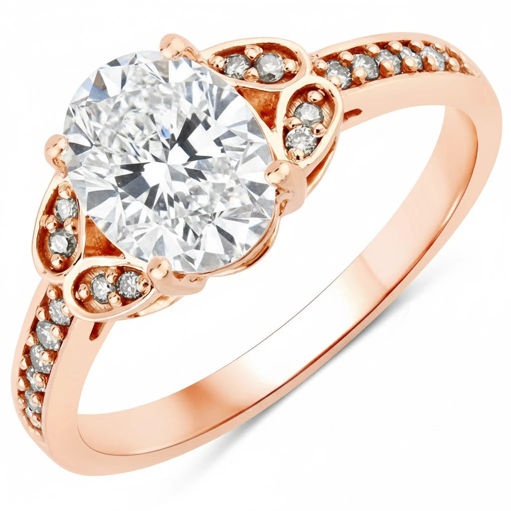 Vintage style floral Oval Cut Diamond Accent Ring