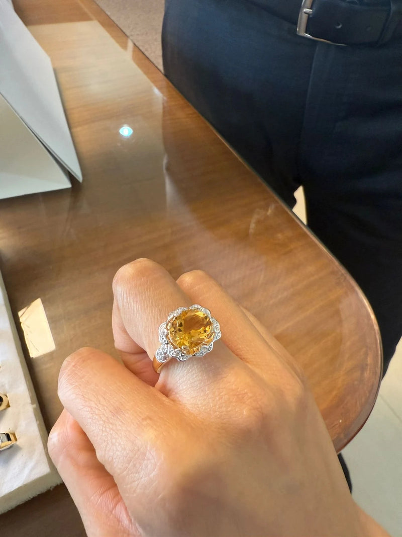 Vintage-inspired custom citrine ring with diamond halo – bespoke gold jewellery