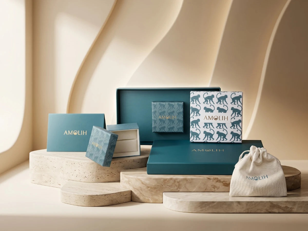 Amolih product display with boxes and packaging on a decorative stand.